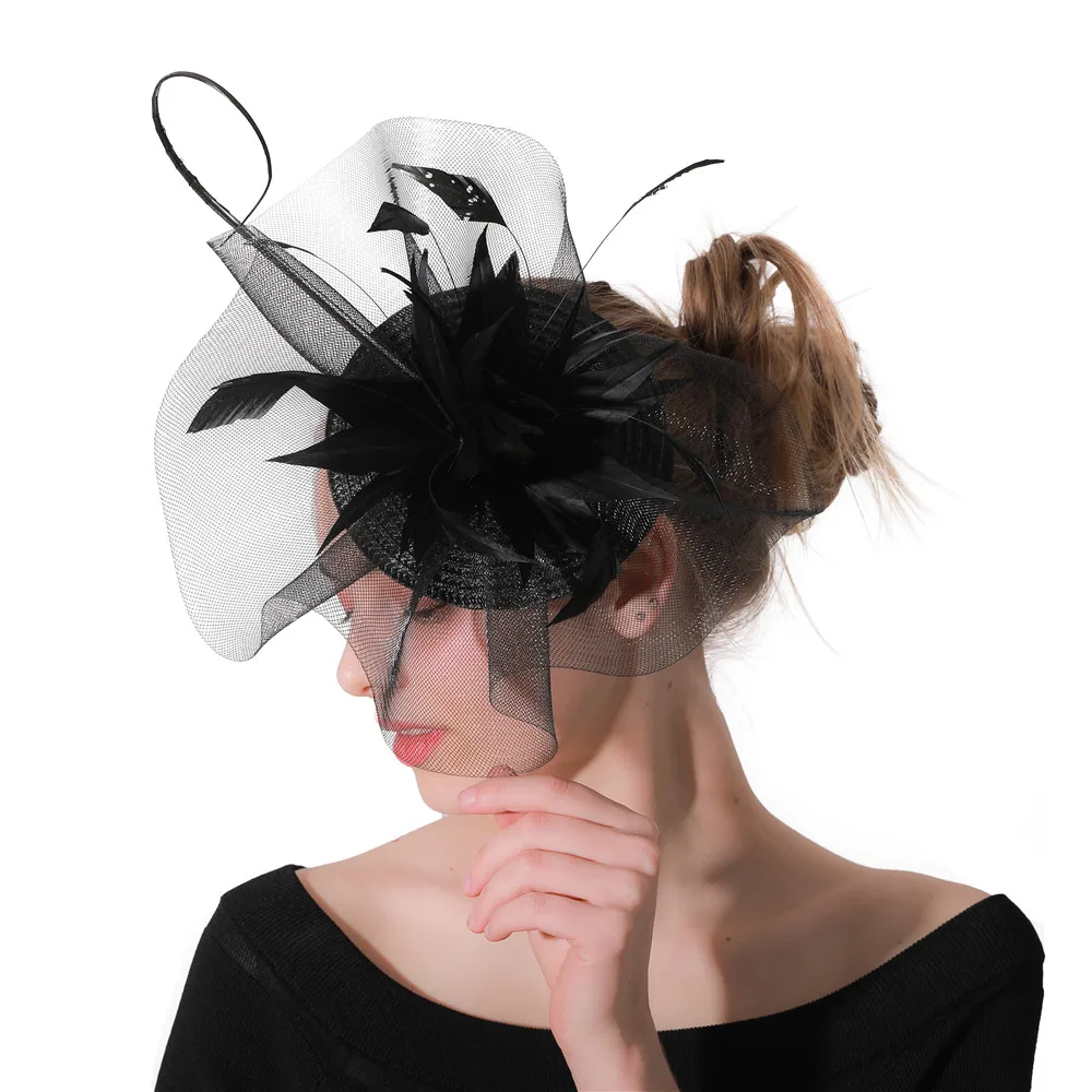 

Black Feather Flowers Accessories Cocktail Church Fascinators Mesh Veils Hair Clips Ladies Headwear Decoration Party Headpieces