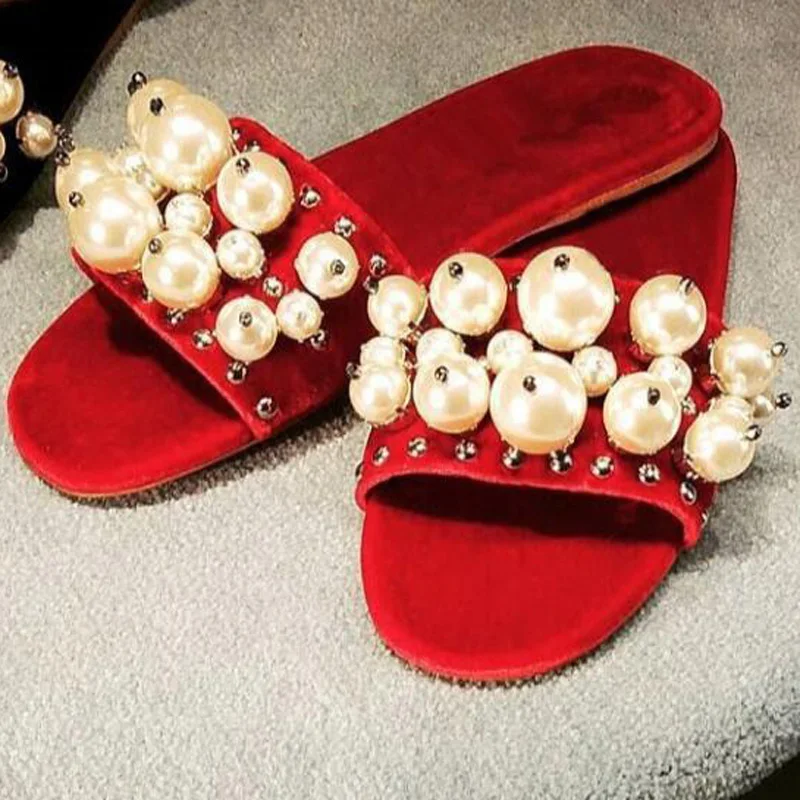 New Arrival Velvet Flat Slippers Women Open Toe Big White Pearl Bead Sexy Shoes Female Flat Casual Slides Vintage Style