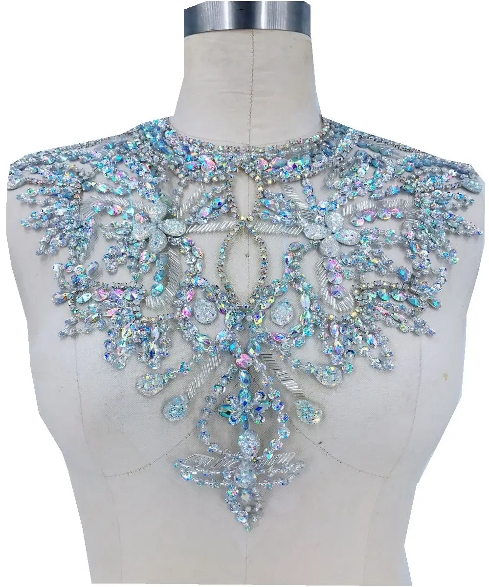 DazingHandmade clear AB colour crystal patches  Sequins  Rhinestones applique on white mesh 38*32cm for top dress skirt