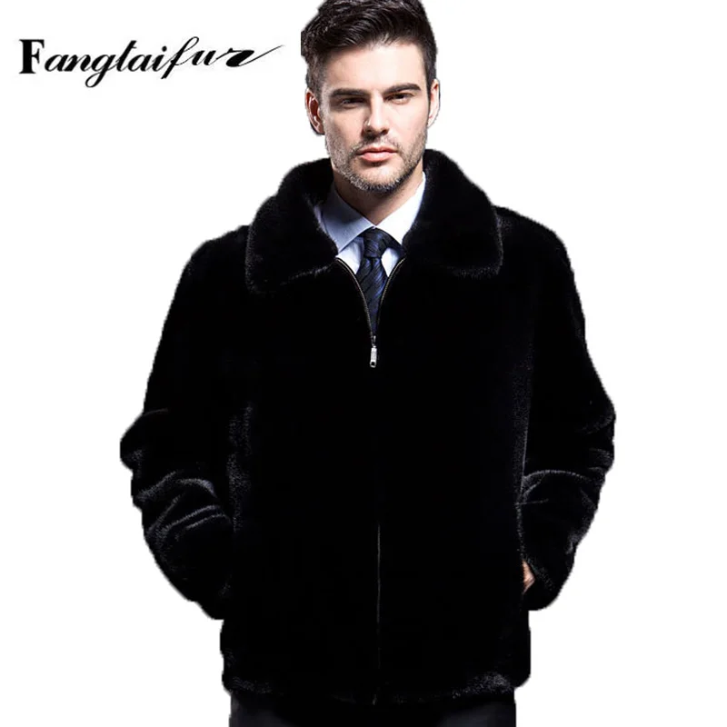 Ftangaiur Winter Men Jacket Import Velvet Mink Fur Coat Turn-Down Collar Black Men's Short Smart Causal Real Mink Coats