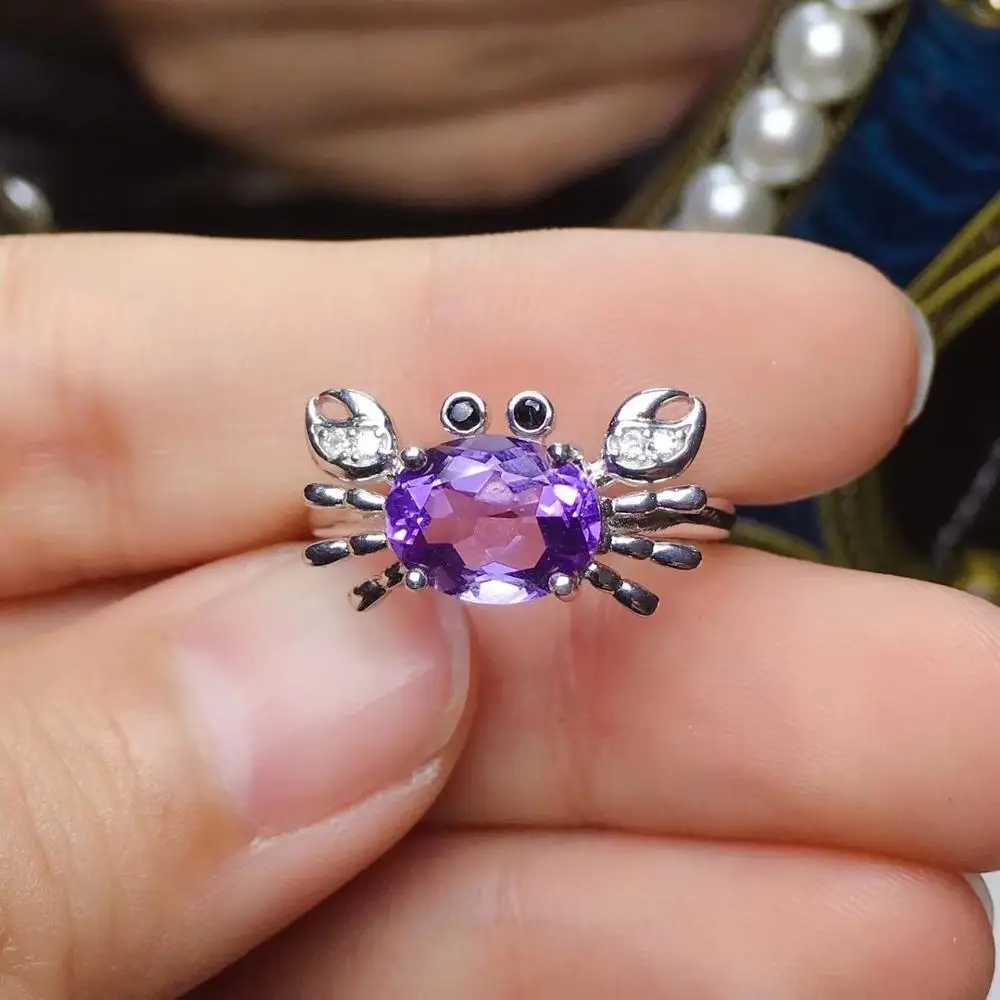 good luck crab shape purple Amethyst gemstone ring 925 Sterling silver fine jewelry natural gem funny birthday gift child