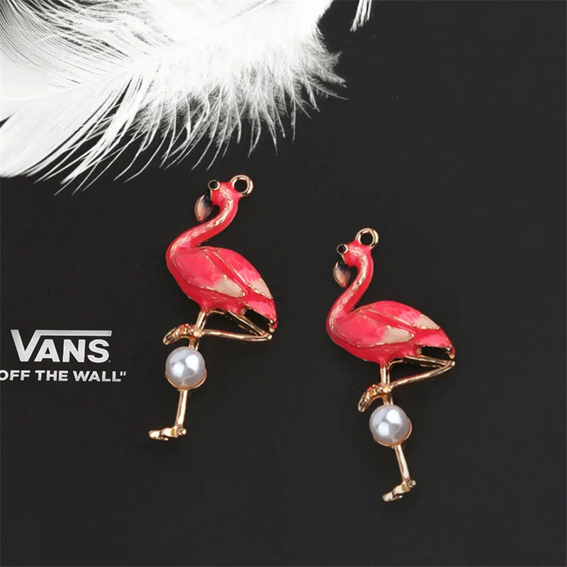 

Free Shipping 10PCs/Lot 25*59MM Cute Red Animal Flamingo Bird Necklace Pendants DIY Jewelry Findings Enamel Alloy Charms Craft