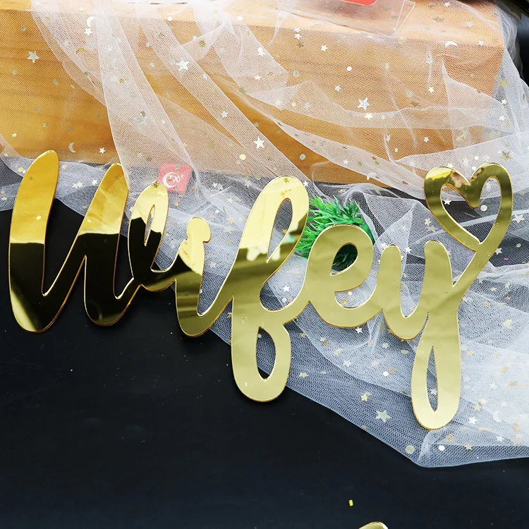 Mirror Gold Wedding Chair Sign Wifey & Hubby Hanging Wedding Signs for Gold Theme Wedding Decoration photo props