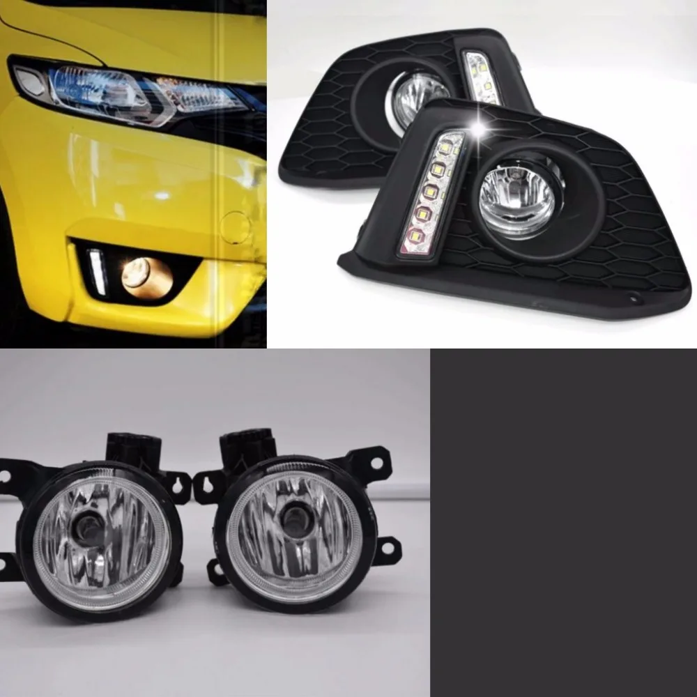 JanDeNing Car White LED Daytime Running Lights DRL + Fog Lamp Replacement  Assembly for Honda Fit Jazz 2014-2016