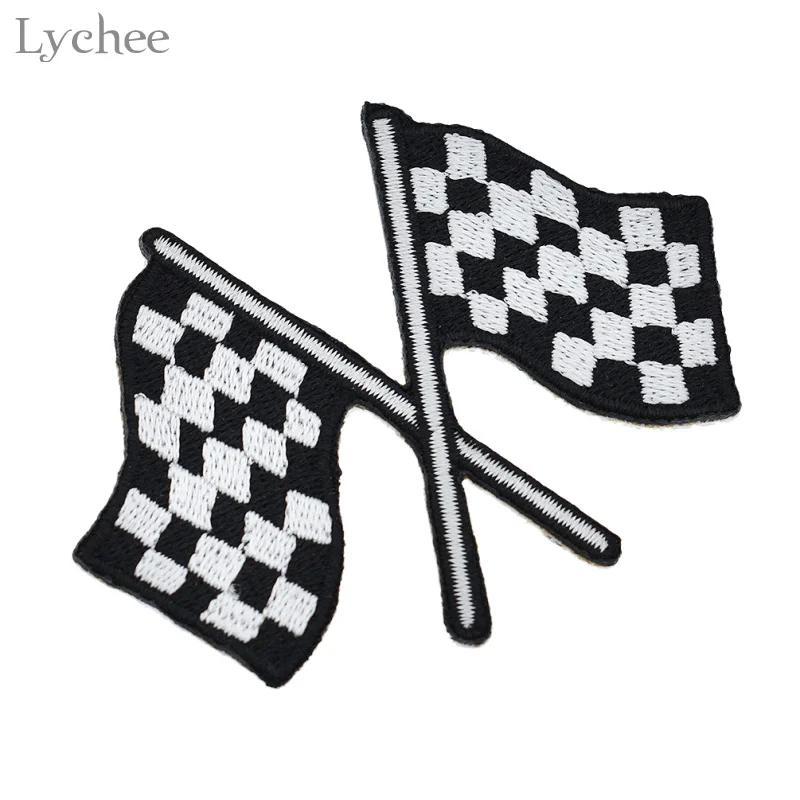 Lychee Life Checkered Flag Chequered Iron On Patch Car Racing Rock Decals Clothing Patchworks Garment Applique