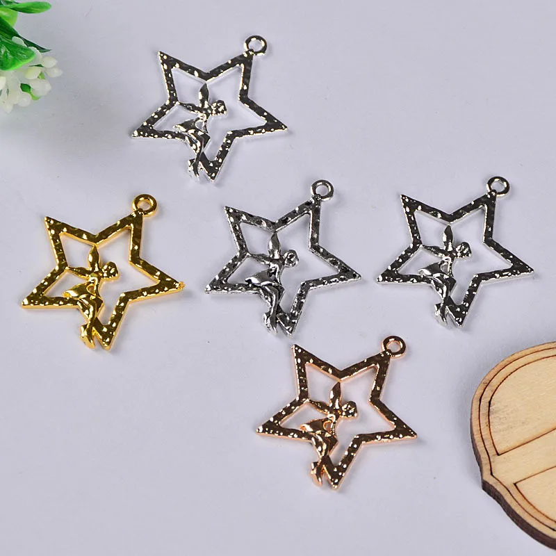 200pcs 1.6*24.5*29.5MM Zinc Alloy gold silver hollow star with angle Charm Necklace Pendant DIY  Fashion Jewelry For Women&Men