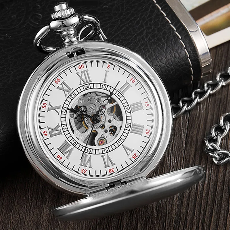 Vintage srebrny kieszonkowy zegarek mechaniczny człowiek ręcznie nakręcany Steampunk naszyjnik zegarek Fob Chain cyfry rzymskie Lady zegar dla kobiet mężczyzn