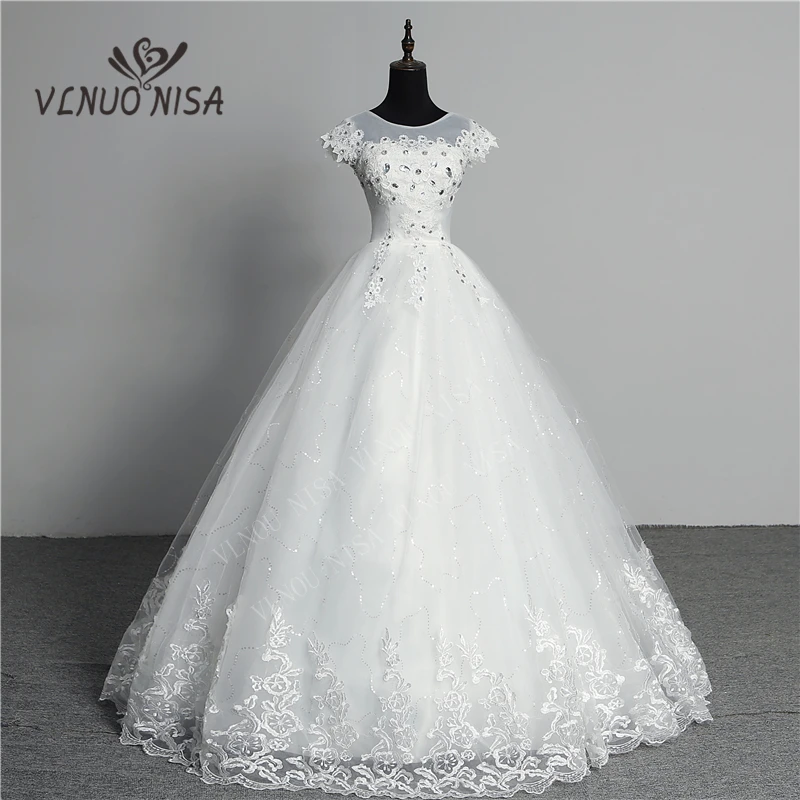 Custom Made Wedding Dress 2020 New Arrival Crystal Appliques Embroidery Lace O-Neck Short Sleeve Princess Gown Vestidos De Novia