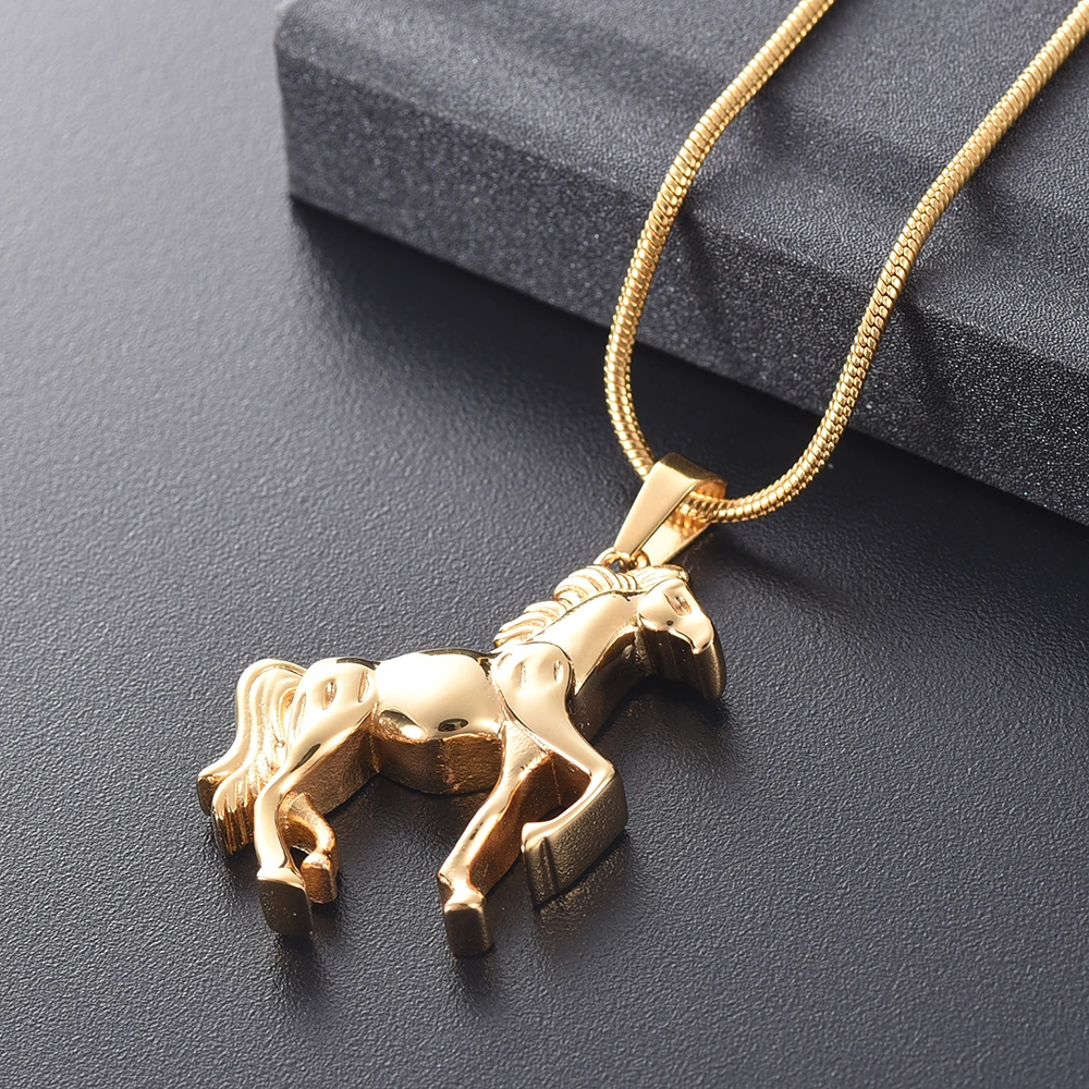 IJD10072 Gold Mustang Horse Urn Secret Stash Cremation Necklace Urn Stallion Keepsake Memorial Capsule Vial