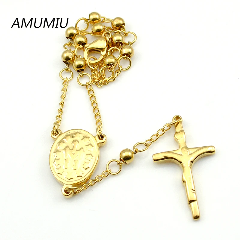 AMUMIU 20CM*4MM Women religious bracelet gold Color beads chain stainless steel rosary jewelry with cross new HZB052W4