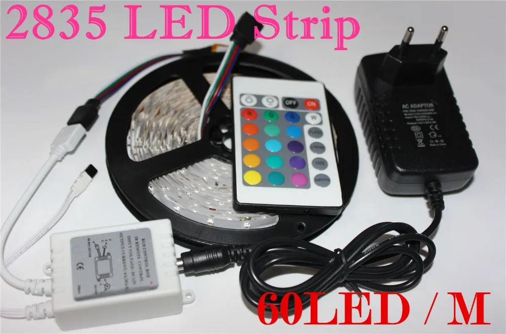 

5M 2835 RGB 300 Led non waterproof Flexible Strip light bright than 3528 tape/24key Remote Controller/dc12v 2A Power Adapter