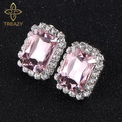 TREAZY Fashion Pink Crystal Oblong Clip Earrings For Women Jewelry Charm Rhinestones Bridal Earrings Wedding Prom Jewelry Gifts