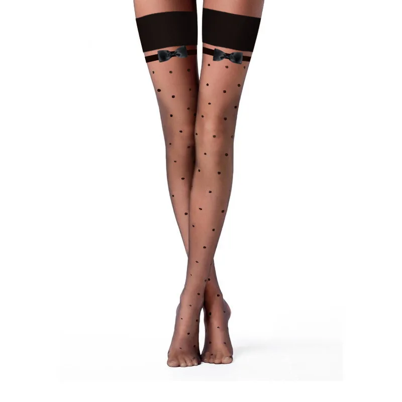 

2019 New Women Sexy sheer Thigh High stocking over knee black Polka Dot Stockings Hosiery sexy Lingerie with bowknot