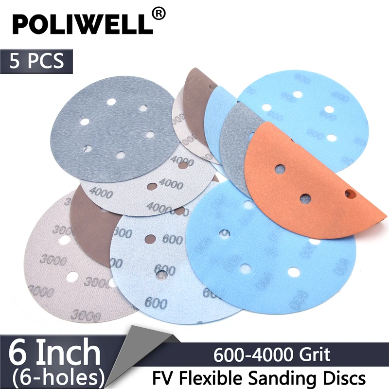 

POLIWELL 5Pcs 150mm Multi-holes FV Soft Sanding Discs 600~4000 Grit Waterproof Sandpaper for Wet/Dry Polishing Paint Decorating