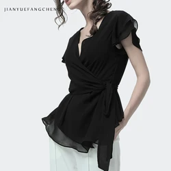 Fashion Women Summer Short Sleeve Black Chiffon Tunic Top Irregular Length V-Neck Lace-Up Elegant Flowing Casual Office Blouses