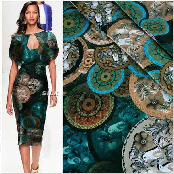 2016 New Arrival Classical Style Real Silk Cheongsam Dress Fabric Dress Fabric Printing Stretch Satin Ancient Green Disc