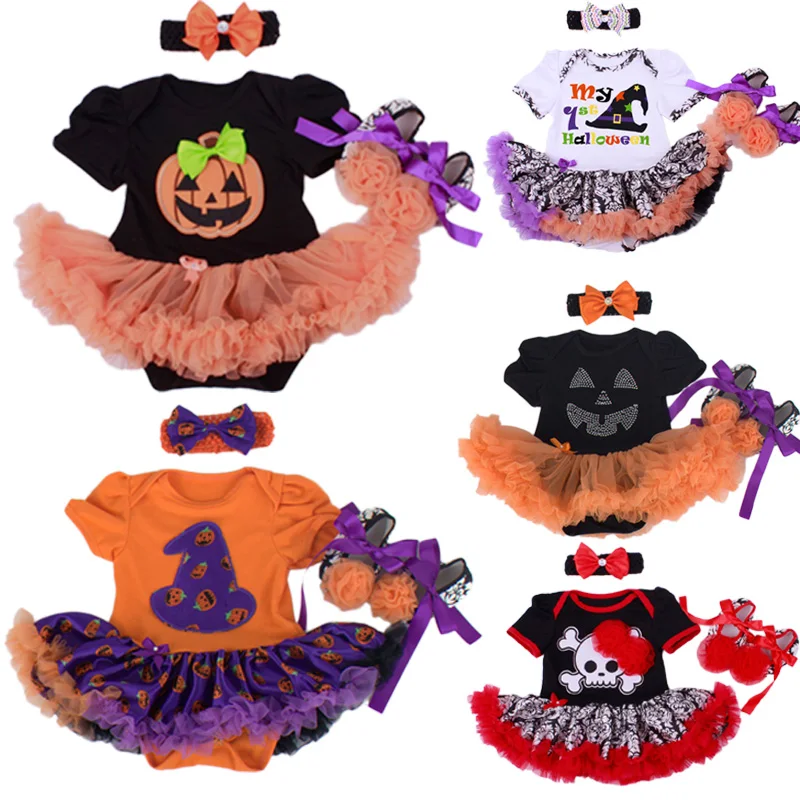 Halloween Baby Girl Clothing Sets Pumpkin Romper Dress Jumpersuit+Headband+Shoes 3pcs Suit Bebe Infant Festival Costumes