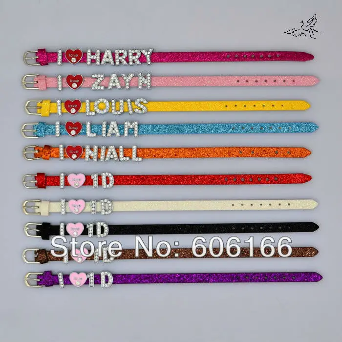 10x1D I Love One Direction Super Star Glitter Spark Leather Bracelet Slider Crystal Letters Charm DIY Wristbands Fashion