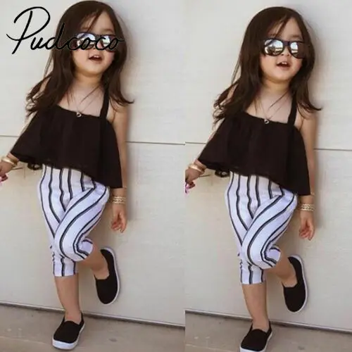 

Summer Toddler Baby Girls Sunsuit Strap Halter Shirt Tank Tops +stripes Pants Outfits Kids Clothes Set 1-6y