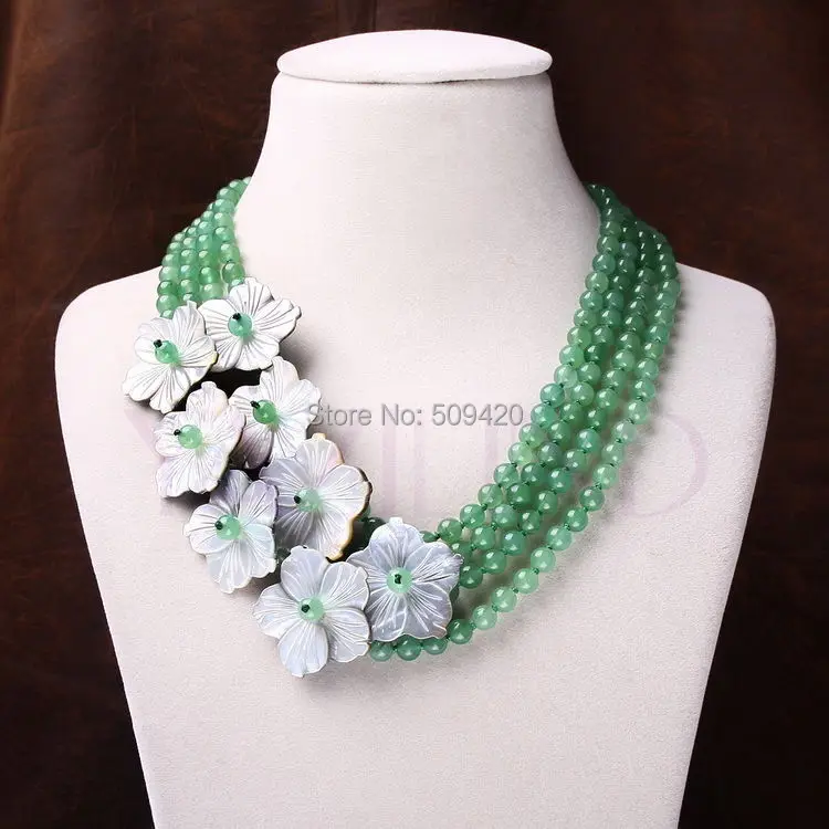 Free Shipping Wholesale  carved flower green stone multi-layer abalone pendant elegant strand necklace