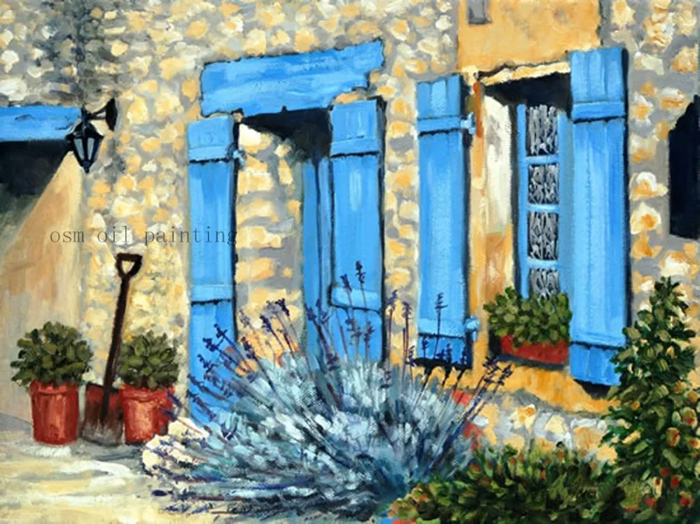 

100% Handpainted France House Beautiful Landscape Oil Painting on Canvas Handmade Blue Door Oil Painting for Living Room