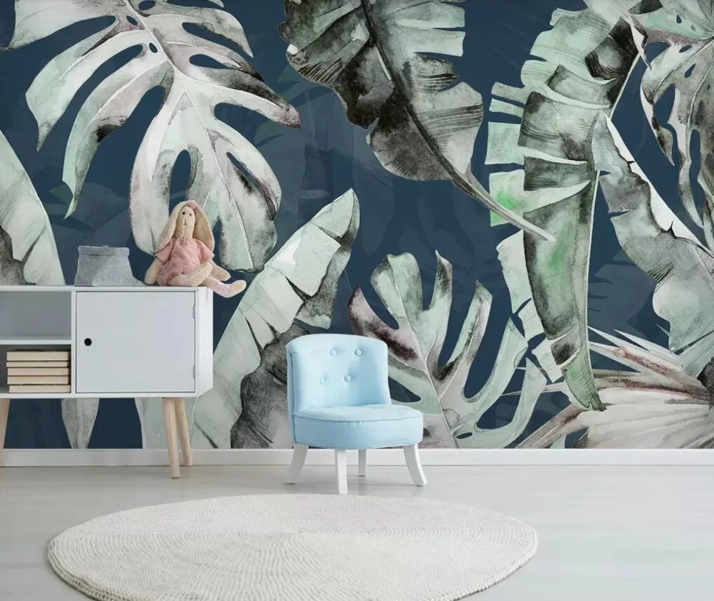 

Medieval hand-painted background wall of tropical plantain leaves