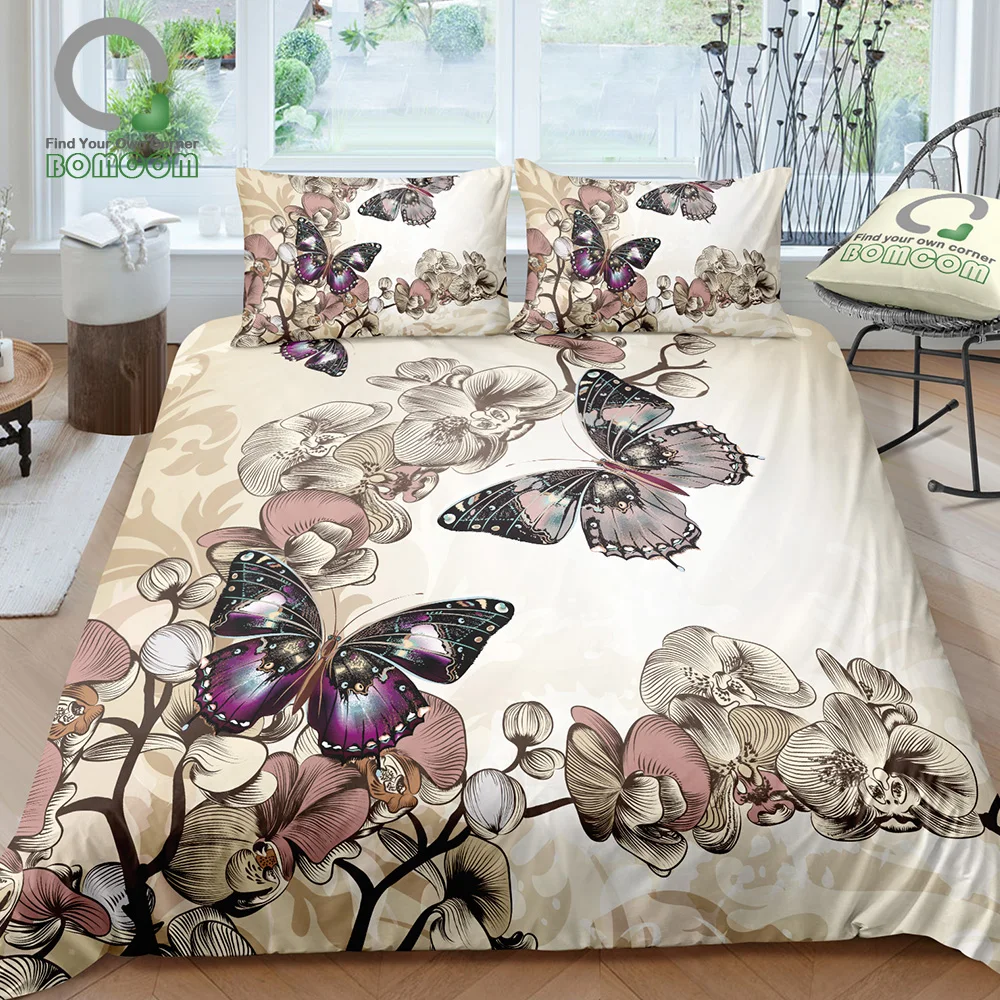 BOMCOM 3D Duvet Cover Sets Digital Printing Graceful Butterfly and Moth Orchid 100% Microfiber Ivory