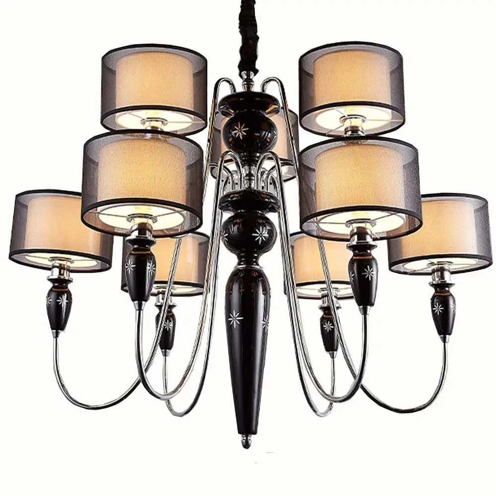 

Luxury 34" 9 Lights Black Fabric Ceramics Living Room Chandeliers Hotel Chain Restaurant Hanging Lamp Lobby Dining Room Lights