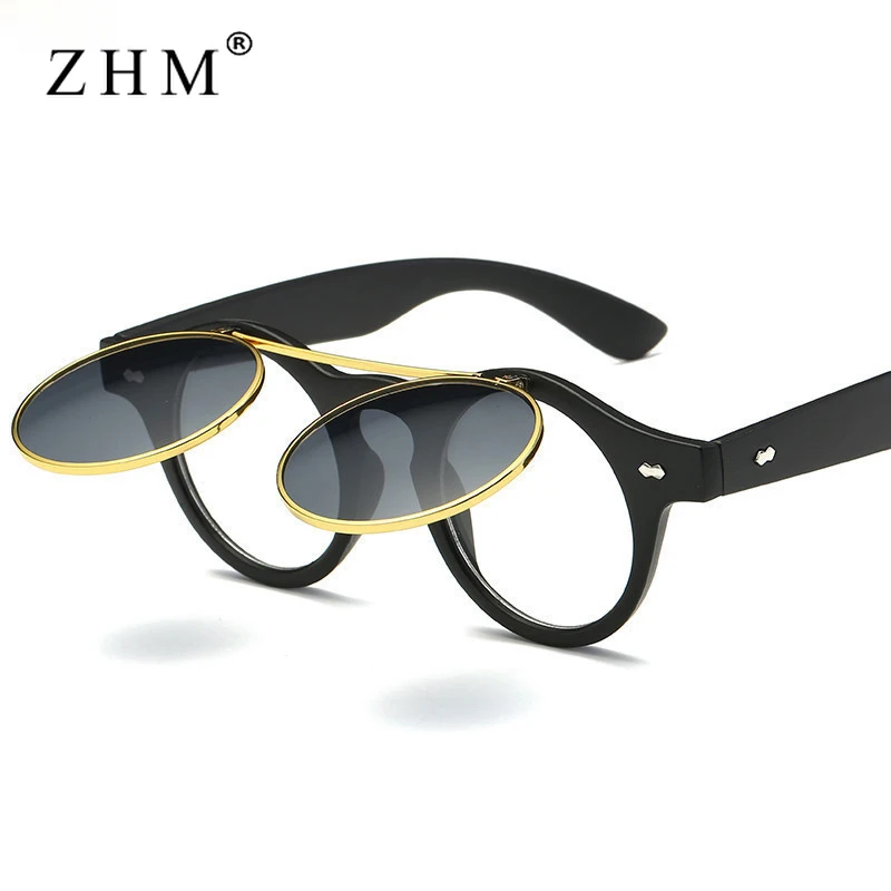 Fashion Vintage Round Steam Punk Flip Up Sunglasses Classic Double Layer Clamshell Design Gothic Sun Glasses Oculos De Sol