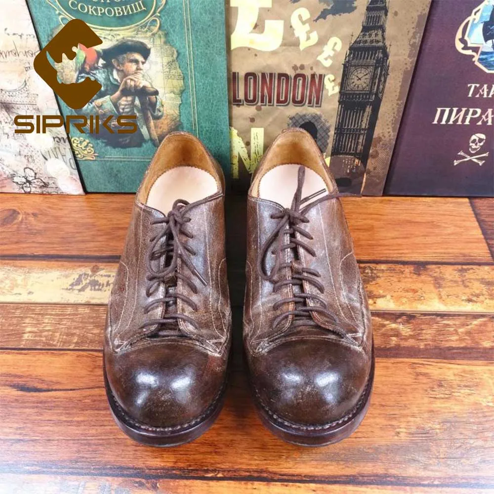 Sipriks Mens Casual Leather Shoes Unique Handmade Goodyear Welted Shoes Big Round Toe Footwear Shoes Leather Sole With Rubber 45