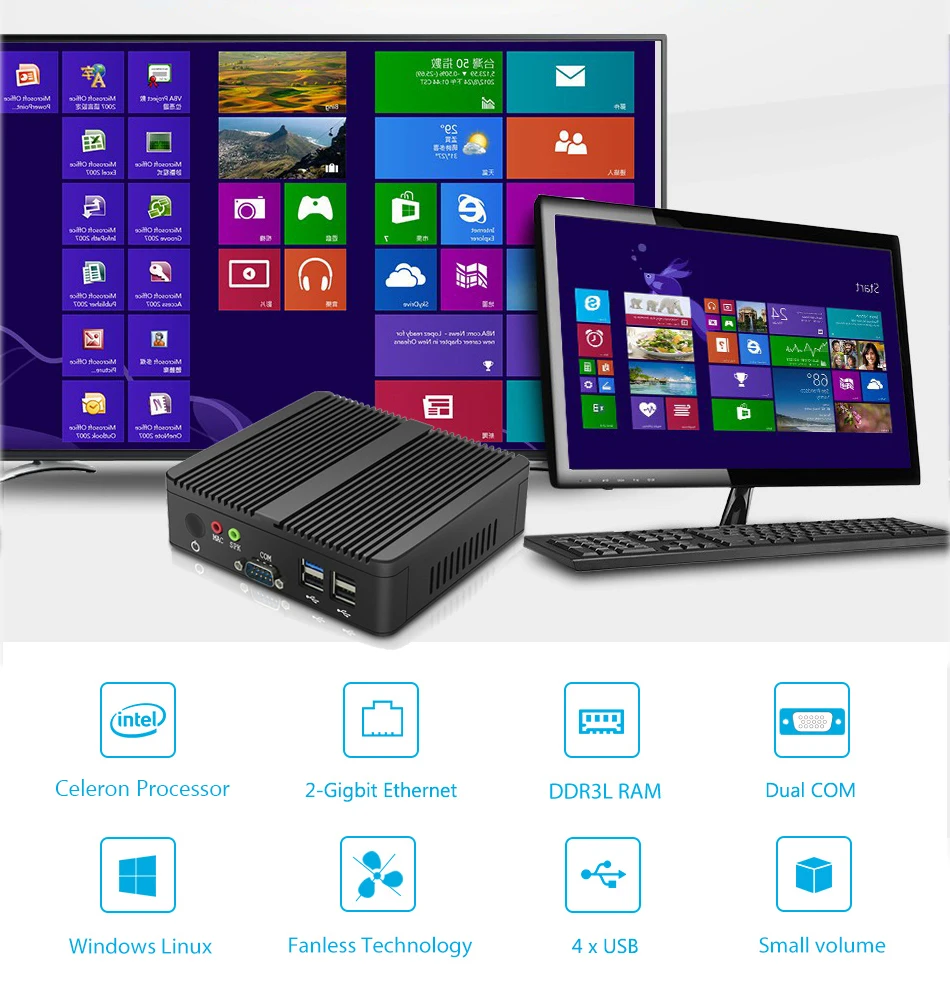 Fanless Industrial Mini PC Intel Celeron J1900 Quad Cores 4x USB Dual LAN 2x RS232 HDMI VGA WiFi Support Windows Linux