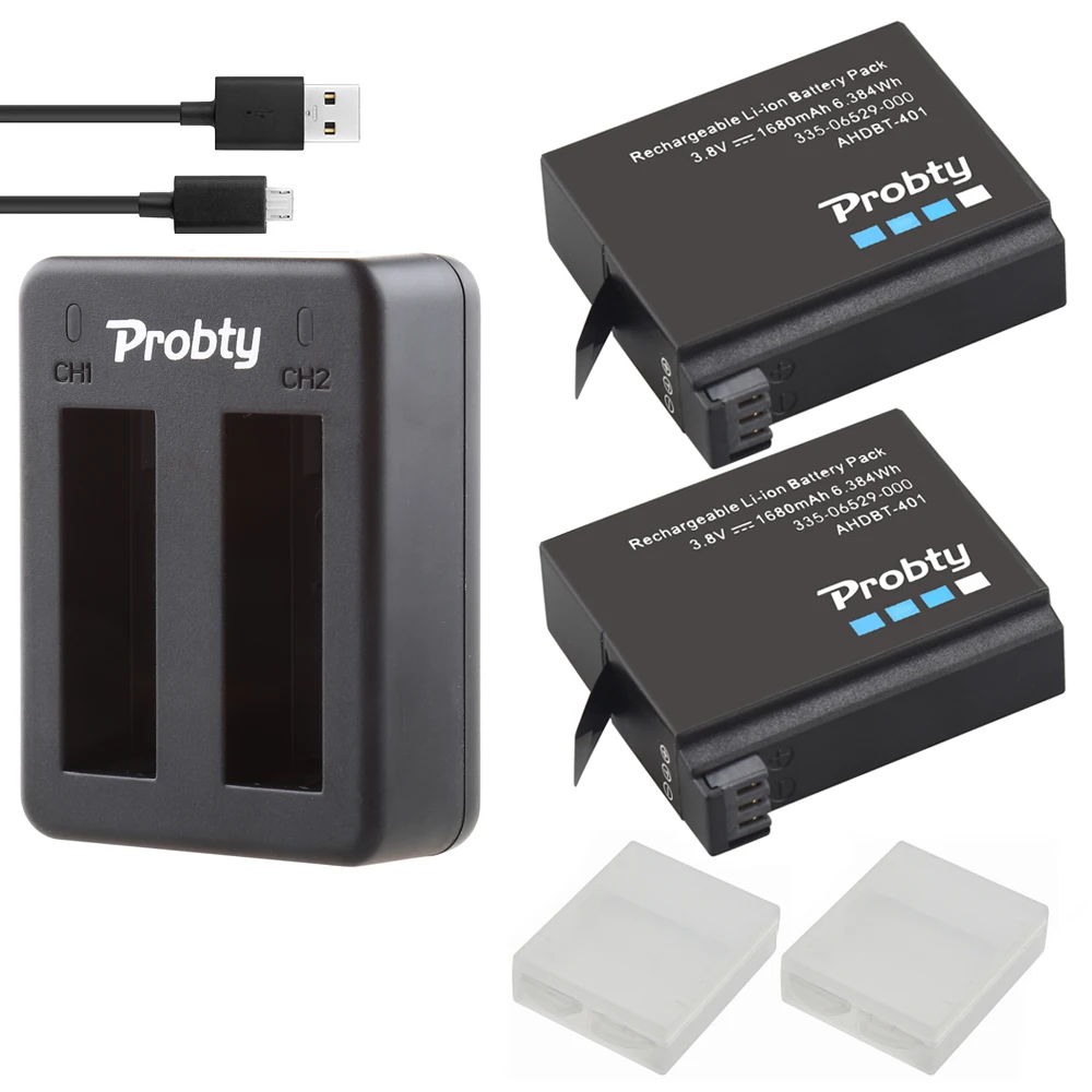 Cargador Dual para Gopro Hero 4, baterías para Go Pro Hero 4, batería AHDBT 1600, accesorios para Cámara de Acción, 2x401 mAh, AHDBT-401