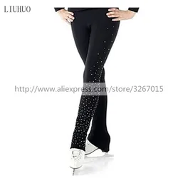 Customized Ice Skating long Pants Figure Skating Costume Trousers Adult Child Competition Performance Black Shiny rhinestone