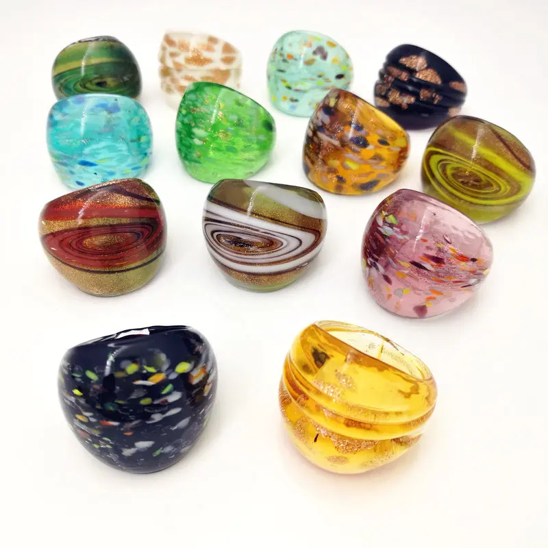 13 PCS Randomly Mixed With Coloured Glaze Murano Hot Gold Foil Color Rings More 17-19 MM