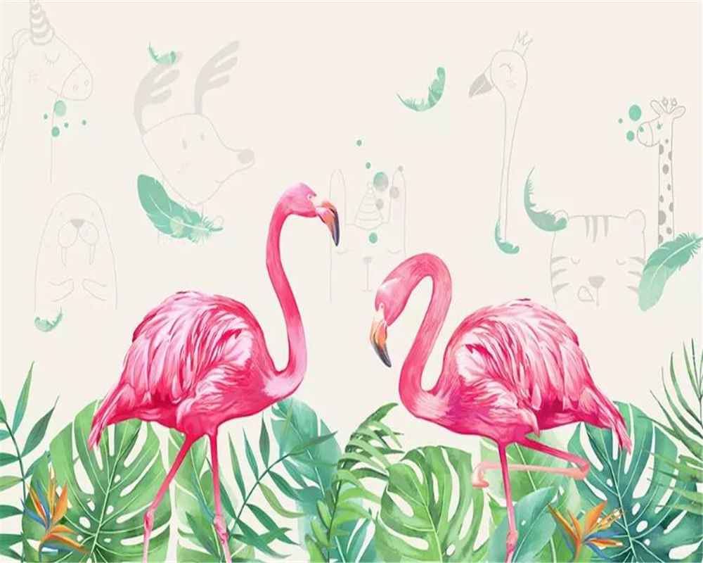 Beibehang Custom wallpaper mural hand-painted leaf flamingo children's room kindergarten wallpaper background wall 3d wallpaper