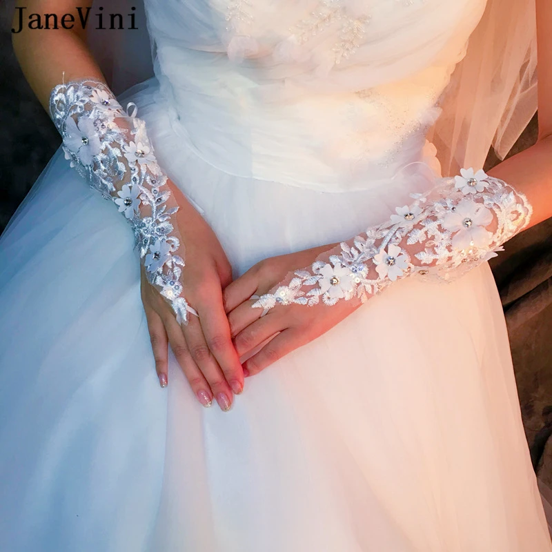 JaneVini – gants de mariage courts en Tulle blanc, sans doigts, longueur opéra, avec appliques en dentelle, accessoires de mariée perlés, collection 2018