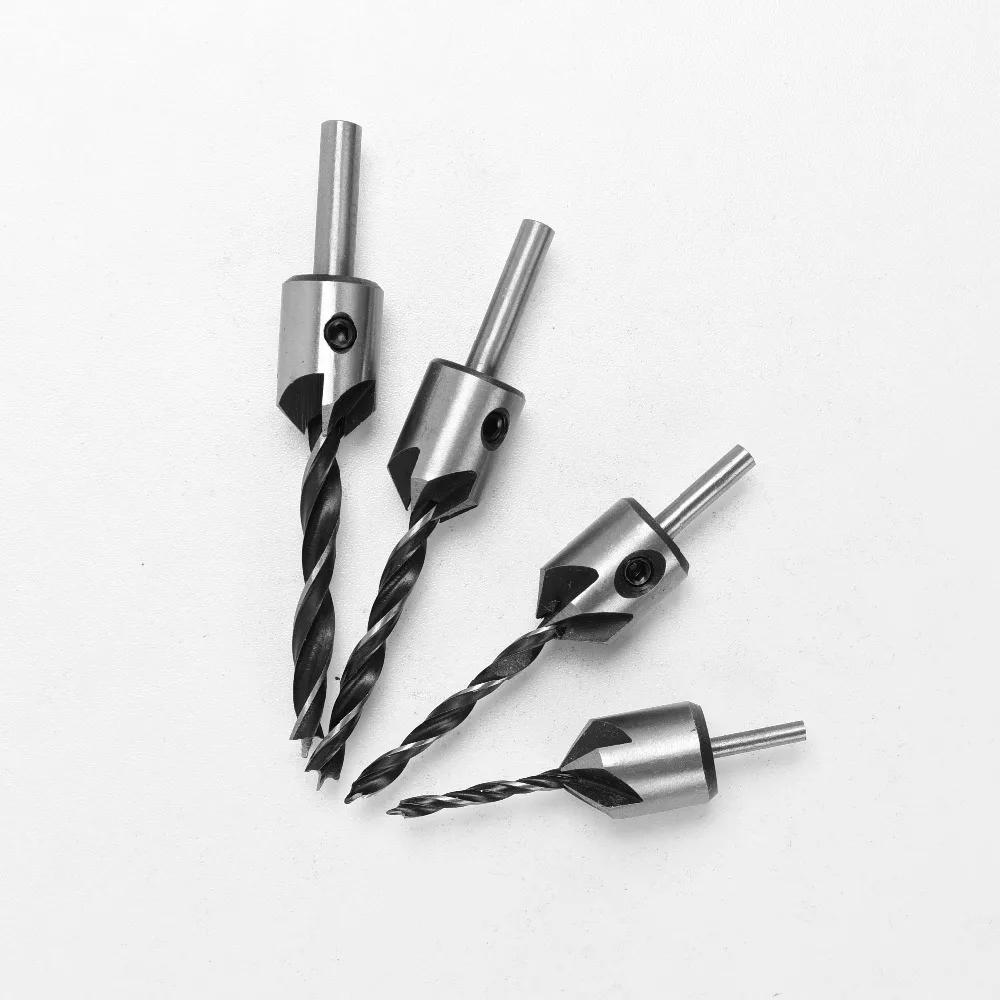 4pcs  3mm-6mm Wood Countersink Drill Set HCS 5 Flute Drill Bit Carpentry Reamer Woodworking Chamfer End Milling Wood Tool