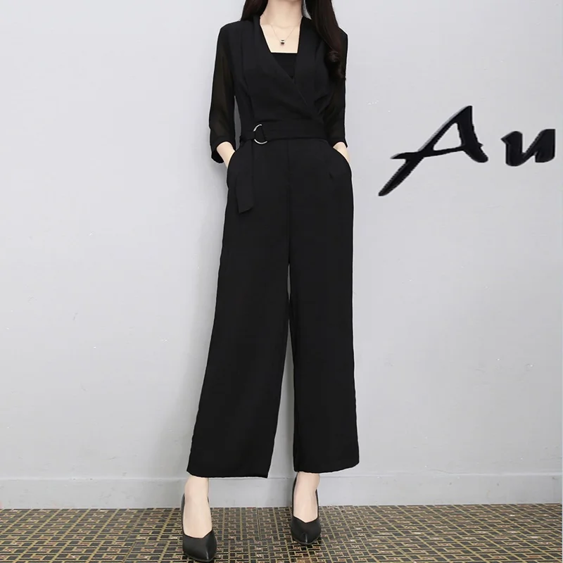 Black Elegant Jumpsuits For Women 2019 Summer Chiffon Seven Sleeve Wide Leg Womens Playsuit Ol Business Jumpsuit Zip DD2087