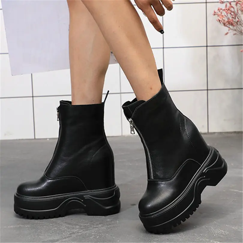 

Goth Creepers Women Shoes Genuine Leather Wedges Platform High Heel Riding Boots Round Toe Long Punk Party Sneakers Casual Shoes