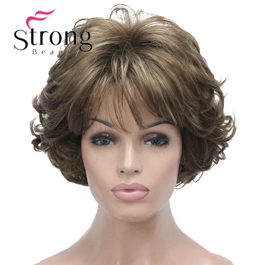 StrongBeauty Short Wig Soft Tousled Curls Brown Highlights Full Synthetic Wigs COLOUR CHOICES