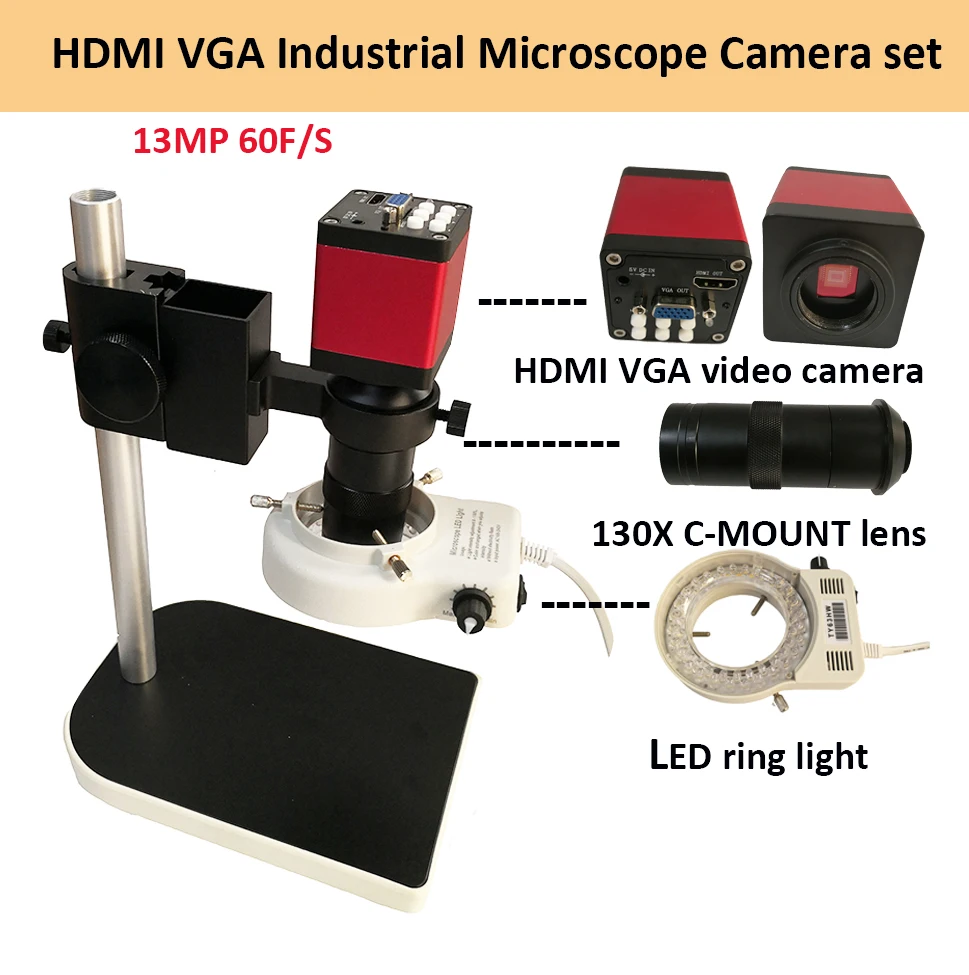 

Digital HDMI VGA Industrial Microscope Camera video Microscope sets HD 13MP 60F/S+130X C mount lens+LED ring Light +metal stand