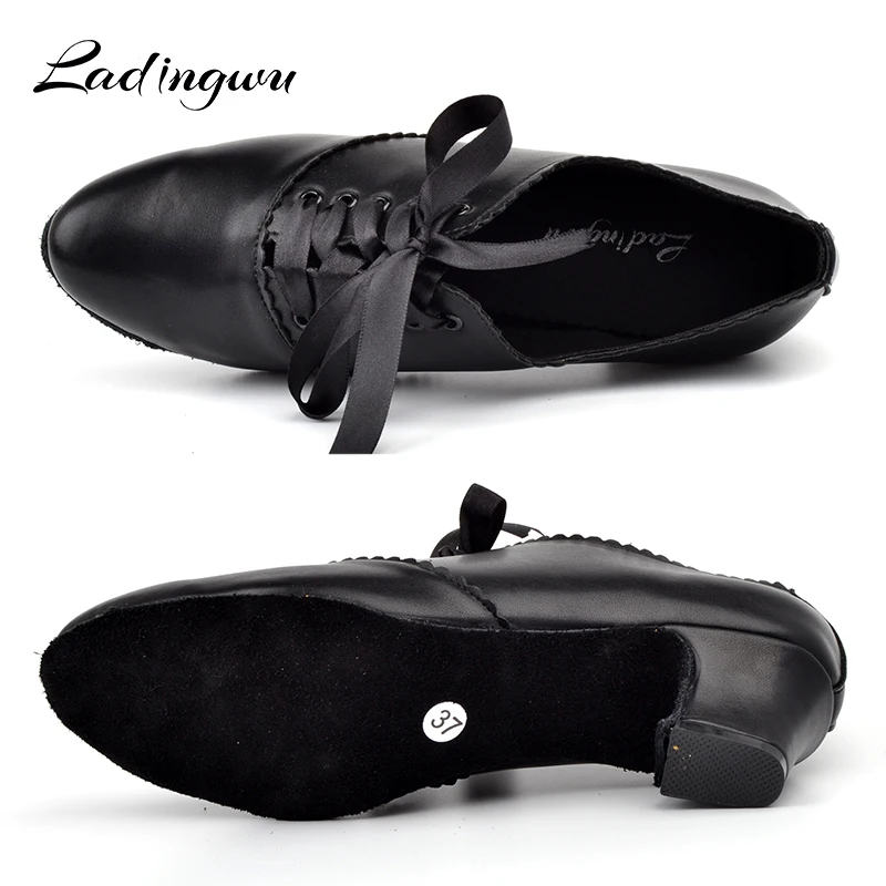 Ladingwu Black Latin Women Dance Shoes Microfiber Synthetic Leather Woman Closed Toe Ballroom Teacher Dance Shoes Heel 5/6/7cm