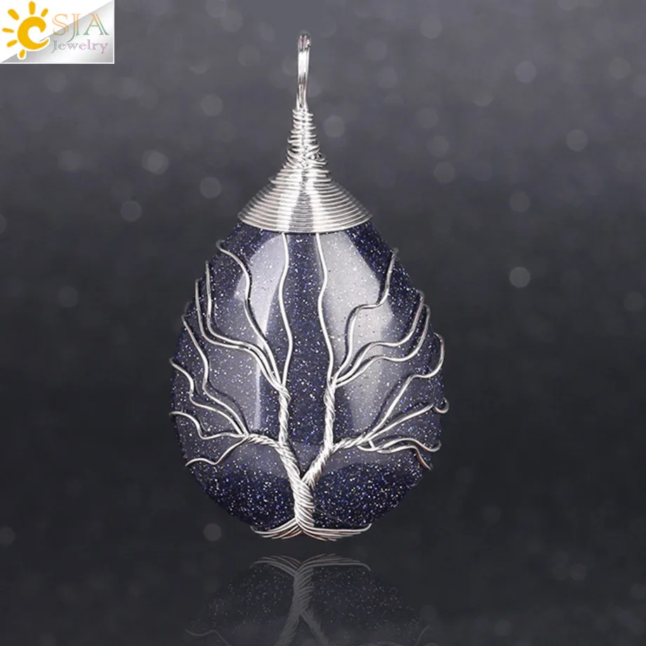 CSJA Natural Stone Pink Quartz Necklace & Pendant Silver-color Tree of Life Wire Wrapped Water Drop Shape for Women Jewelry F122