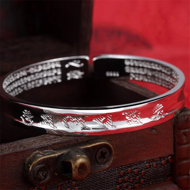 KOFSAC New Thai Silver Heart Sutra Bangles Tibetan Buddhism Six Word Mantra Bracelets For Women Open Bangle Lady Jewelry Gifts