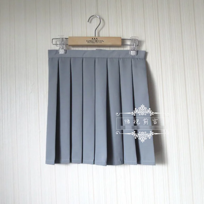 Japanese school uniform suit set Water Blue Cardigan sweater + solid white long sleeve shirt + Dark gray Pleated skirt