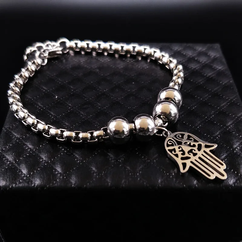 

Hamsa Hand Silver Color Stainless Steel Bracelet Women Bead Bracelets Bangle Jewelry mano de fatima pulseras mujer moda B9003S02