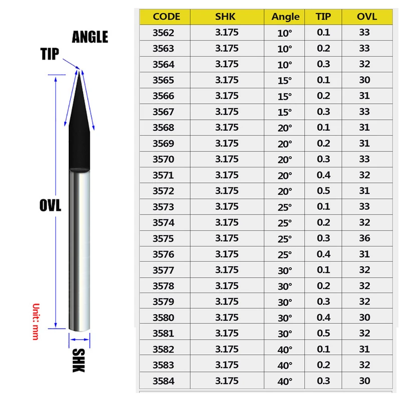 10pcs/lot 3.175mm Engraving Bits CNC degree 10-90 end mill carbide milling cutter Titanium Coating CNC Router Tools