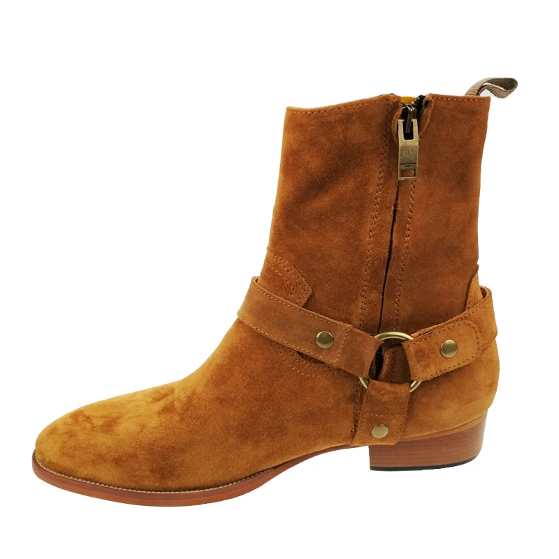 Italy Design Men Pointed Toe Motor Riding Boots Man Footwear Genuine Leather Suede Buckle Ankle Knight Cowboy Botas Winter Shoes
