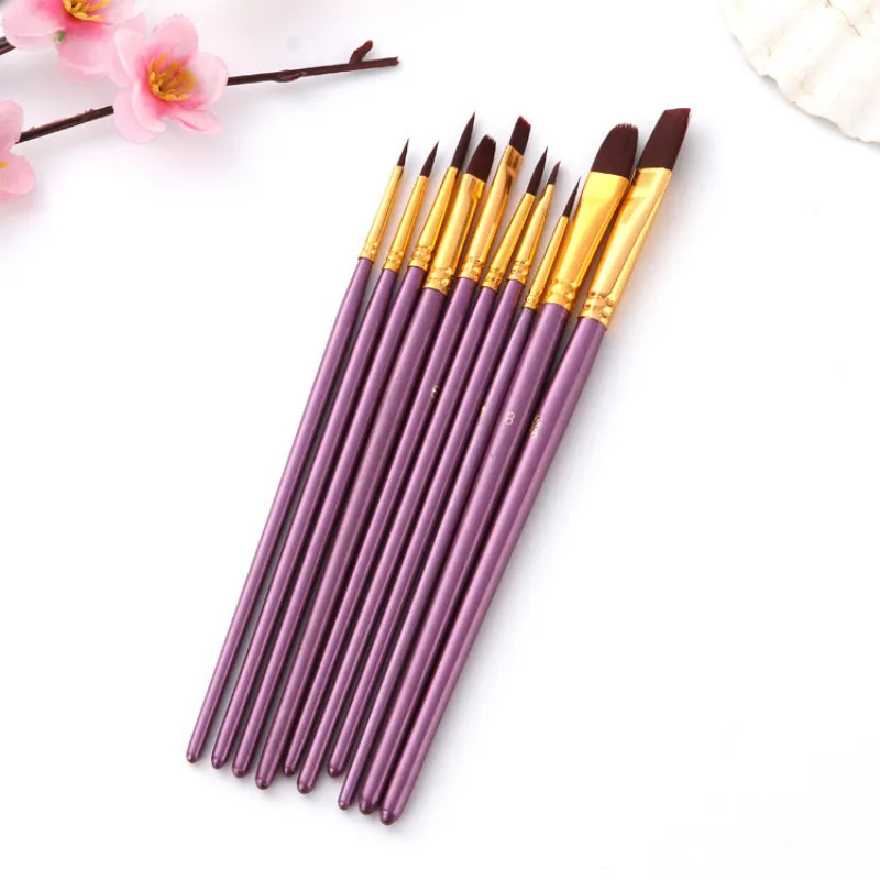 10Pcs/Set Nylon Hair Wooden Handle Watercolor Paint Brush Pen Set for Learning Oil Acrylic Painting Art Paint Brushes Supplies