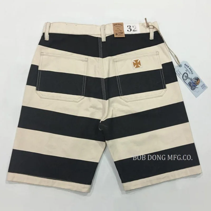 BOB DONG Prisoner of War Print Shorts 16oz Canvas Black White Stripes Men Pants